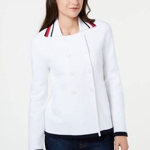 TOMMY HILFIGER Womens White Striped Peacoat Jacket